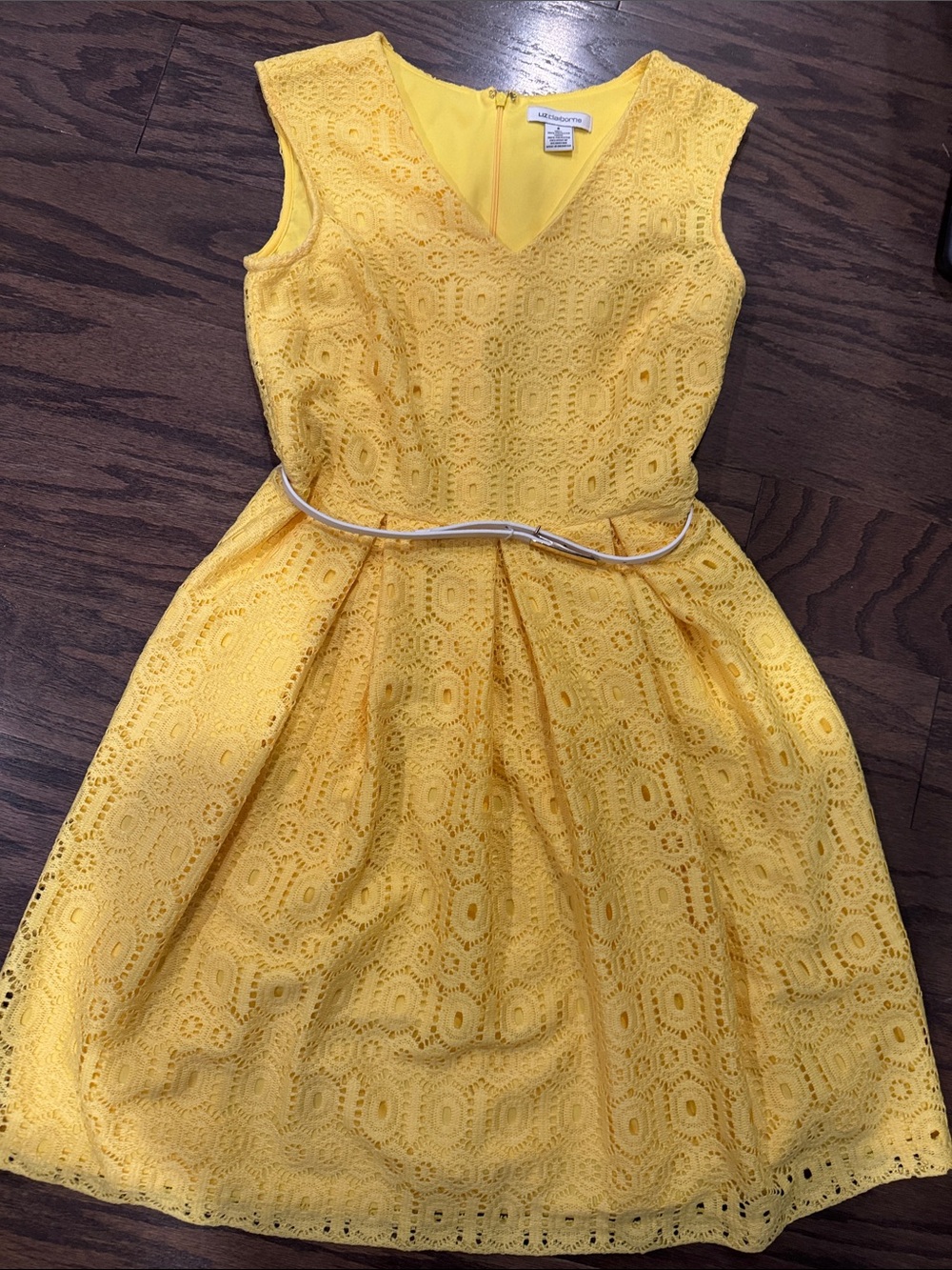 Liz Claiborne Yellow Eyelet Fit-and-Flare Dress with Slim Belt